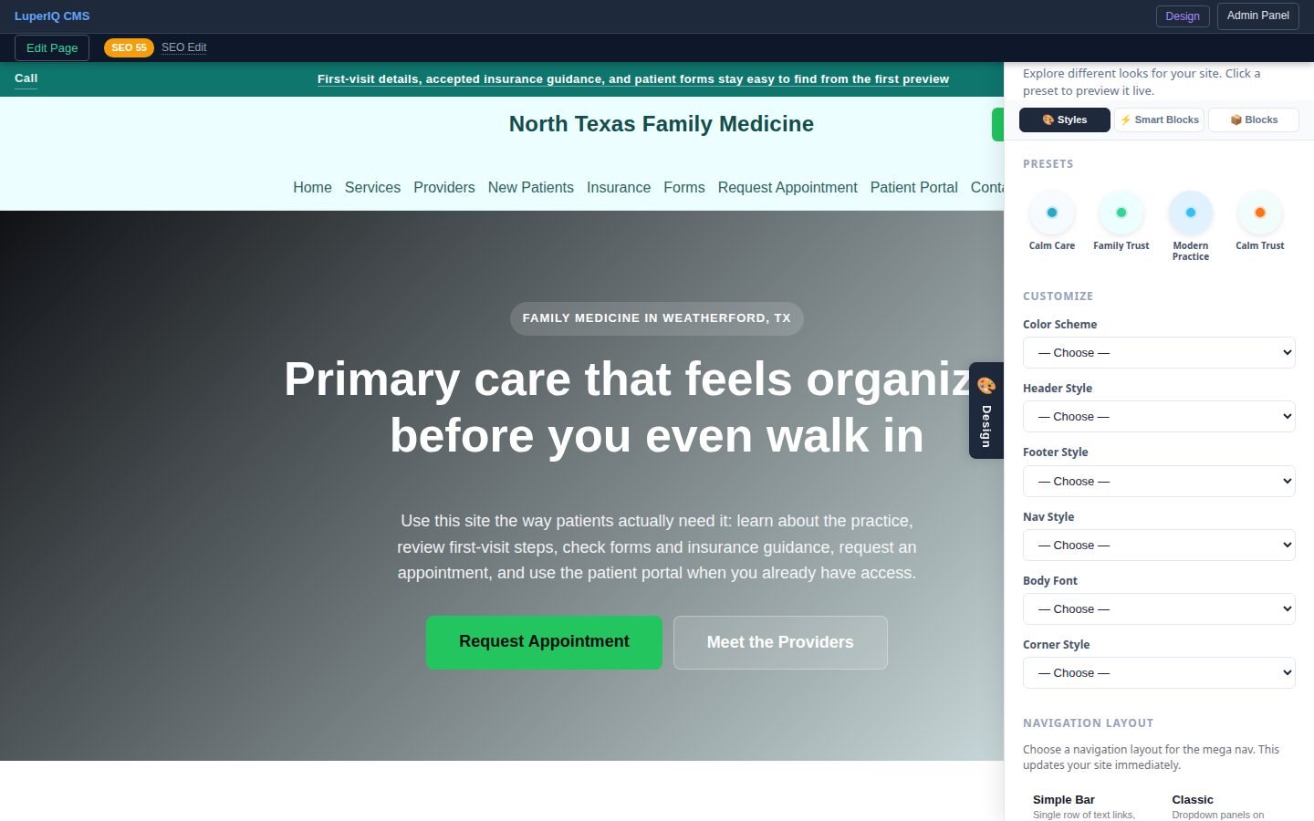 Medical Office Demo feature with design drawer