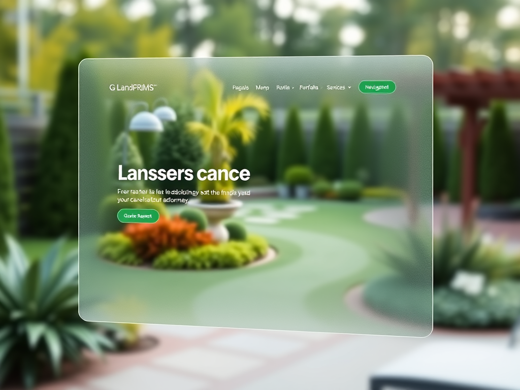 Glassmorphism UI mockup showing landscaping website design homepage layout